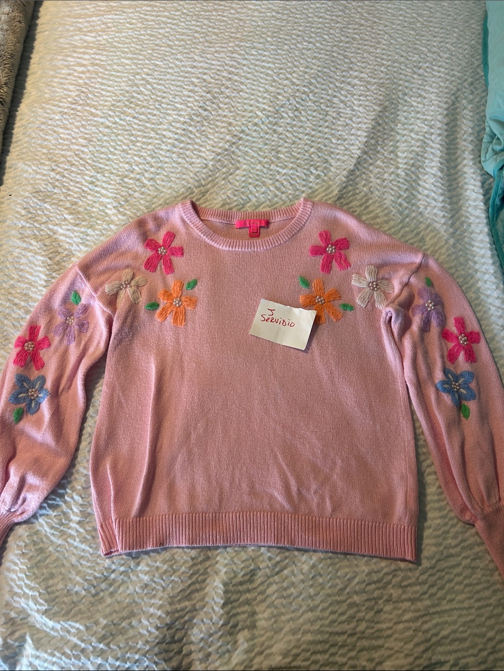 Lilly Pulitzer Pink Crewneck Sweater with Multicolor Floral Embroidery